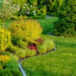 jardim bem cuidado com gramado verde, arbustos e árvores decorativas, representando os benefícios de ter espaços verdes em casa