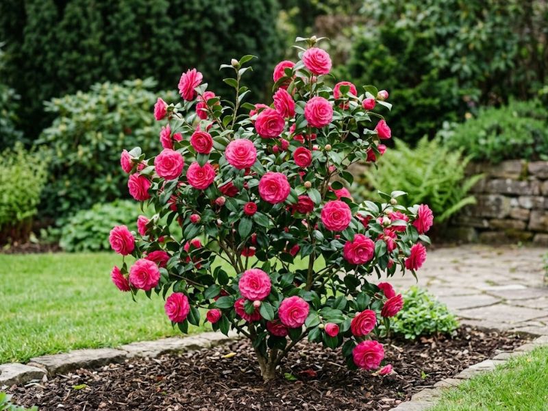 Camélia com flores rosas e botões em jardim externo