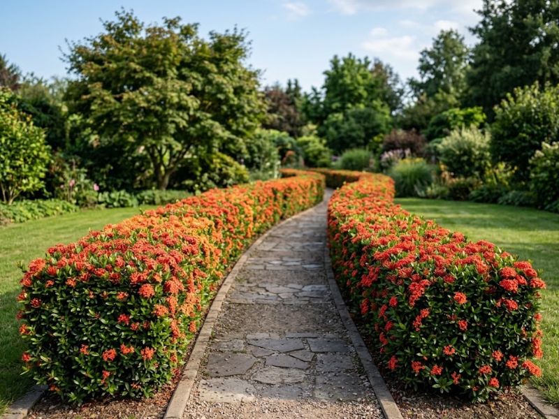 Caminho de jardim ladeado por ixoras floridas e bem podadas