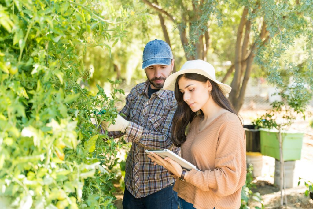 Casal analisando plantas em horta enquanto conferem lista de cuidados em um tablet