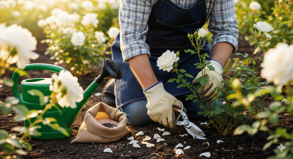 jardineiro ajoelhado podando rosas brancas em jardim, com regador e saco de adubo ao lado, mostrando cuidados essenciais
