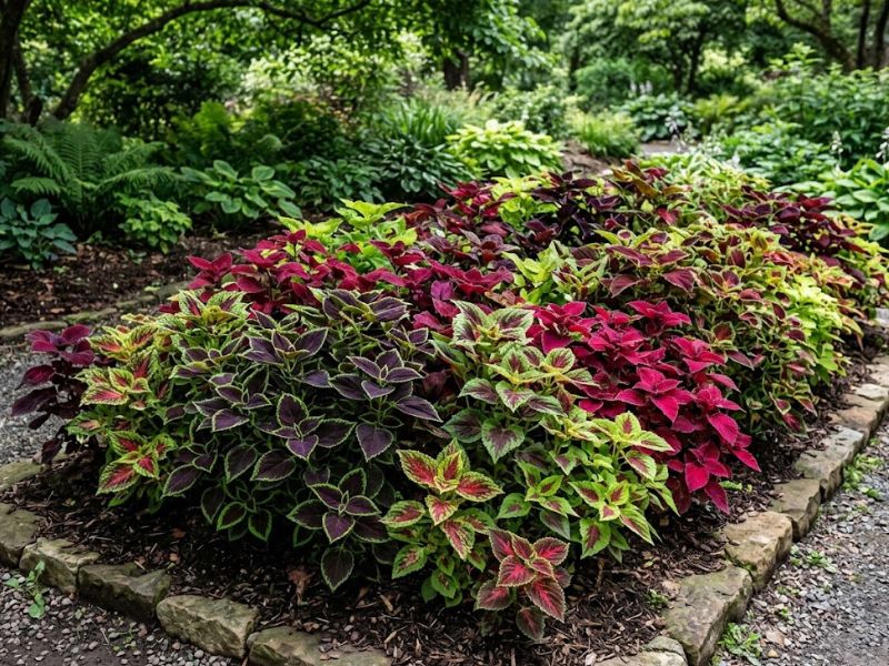 Coleus com folhas vermelhas, roxas e verdes em área externa