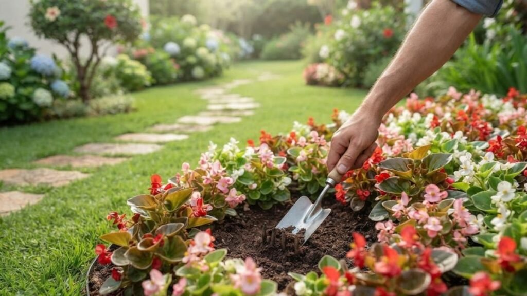 Como cuidar de plantas em canteiro de begônias floridas com ferramenta de jardinagem.
