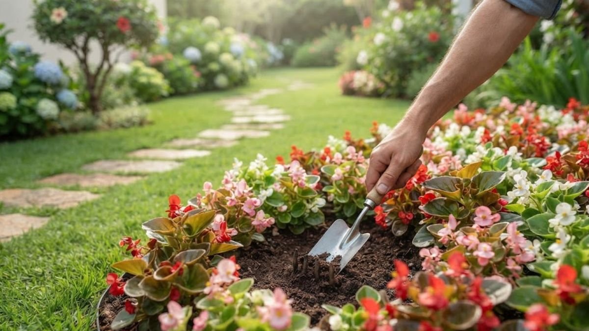 Como cuidar de plantas em canteiro de begônias floridas com ferramenta de jardinagem.
