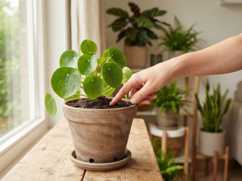 Mão verificando a umidade do substrato de uma planta de interior