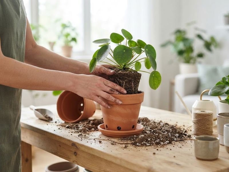 Mãos replantando uma planta de interior em vaso com substrato leve