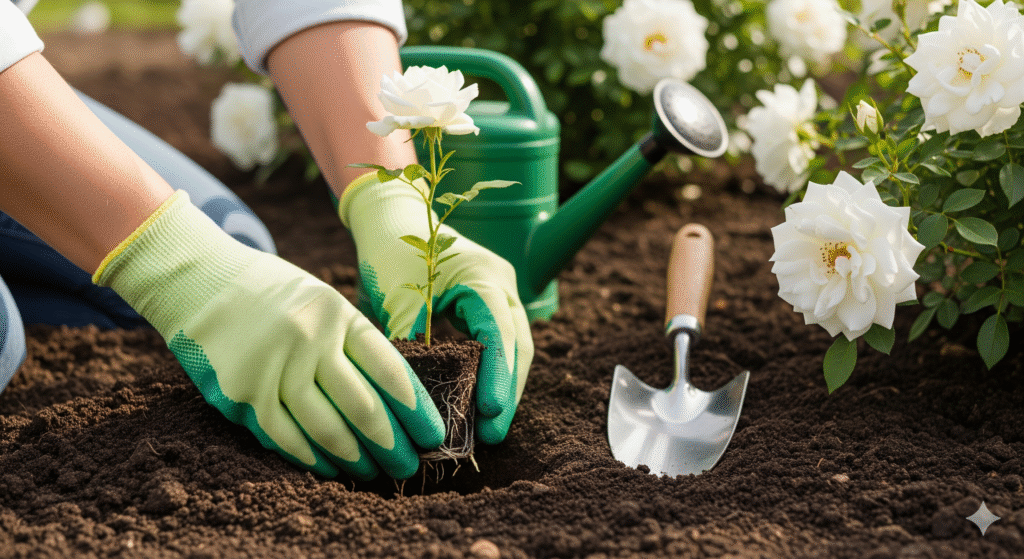 Mãos com luvas verdes plantando uma muda de rosa branca em solo fértil, ao lado de ferramentas de jardinagem.