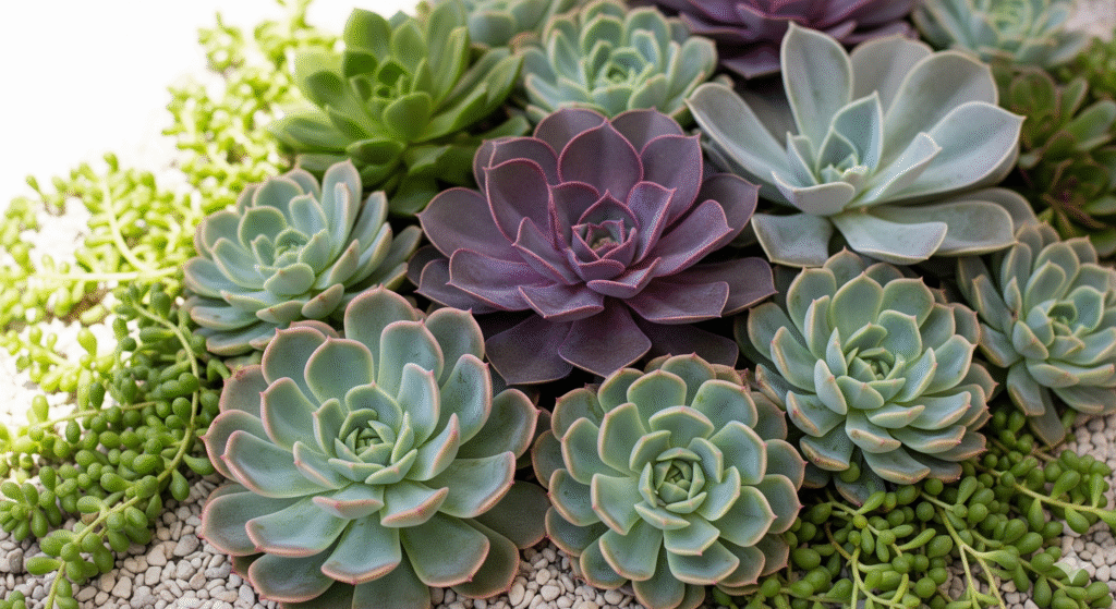 Arranjo de suculentas com cores contrastantes e texturas variadas