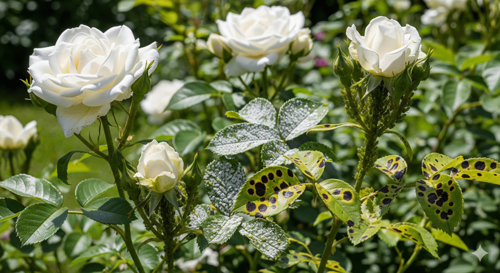 Rosas brancas com folhas apresentando pragas e doenças como pulgões, oídio e mancha-preta em um jardim ensolarado