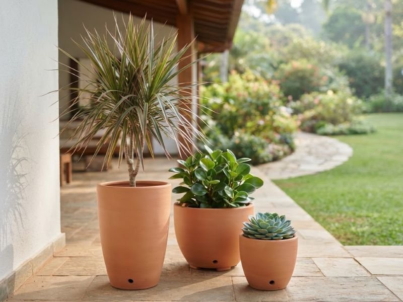 Dracena marginata, peperômia e Echeveria em vasos de cerâmica numa varanda.