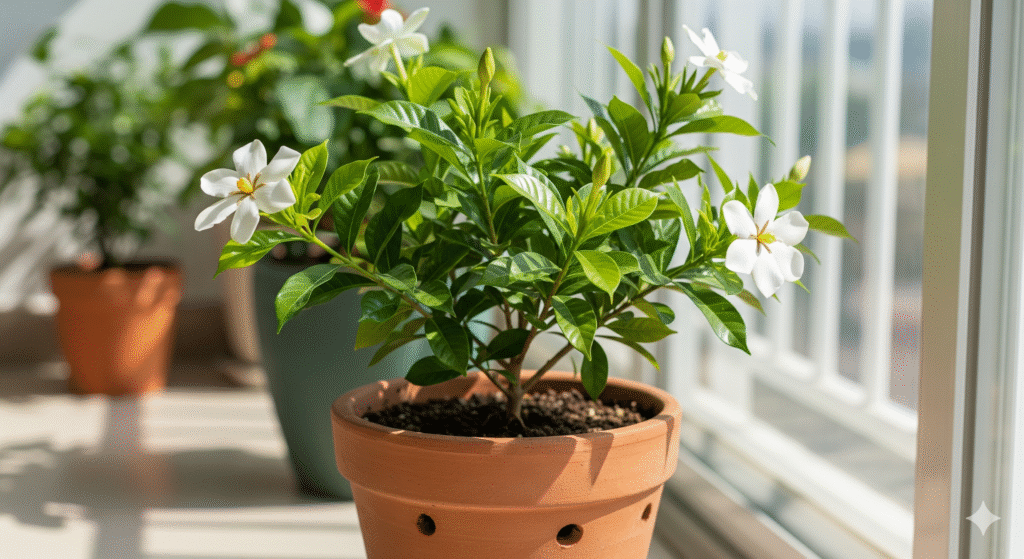 Jasmin Gardênia cultivada em vaso próximo a uma janela iluminada
