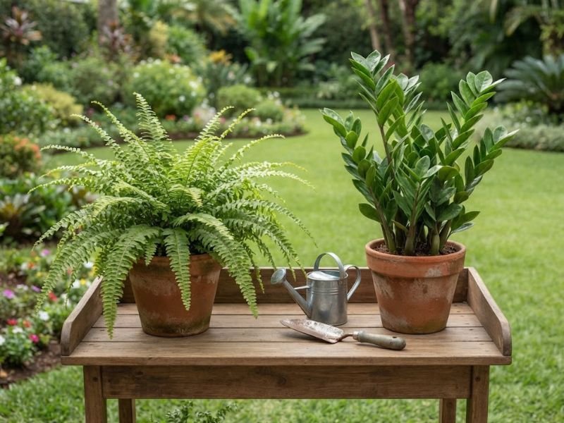 Samambaia americana e zamioculca em vasos sobre bancada de jardinagem.