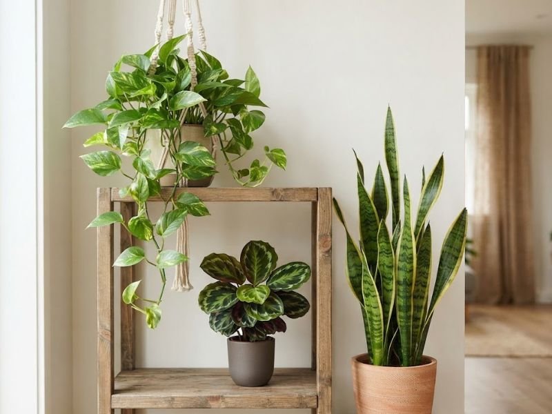 Diferentes plantas de interior saudáveis em vasos simples dentro de casa