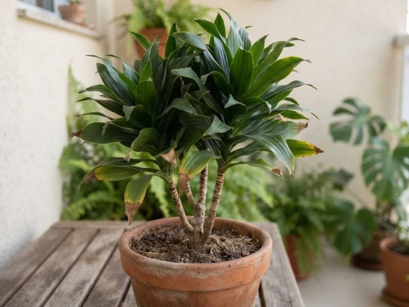 Dracena compacta em vaso com pontas das folhas marrons e sinais de estresse.