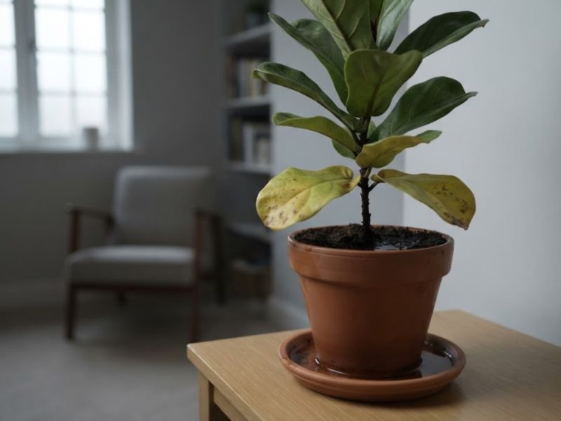 Planta de interior com folhas amarelas e substrato excessivamente úmido