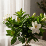 Jasmin Gardênia posicionada próxima a janela com luz natural suave