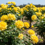 Campo com roseiras amarelas bem espaçadas, recebendo luz solar direta, ideal para crescimento saudável.