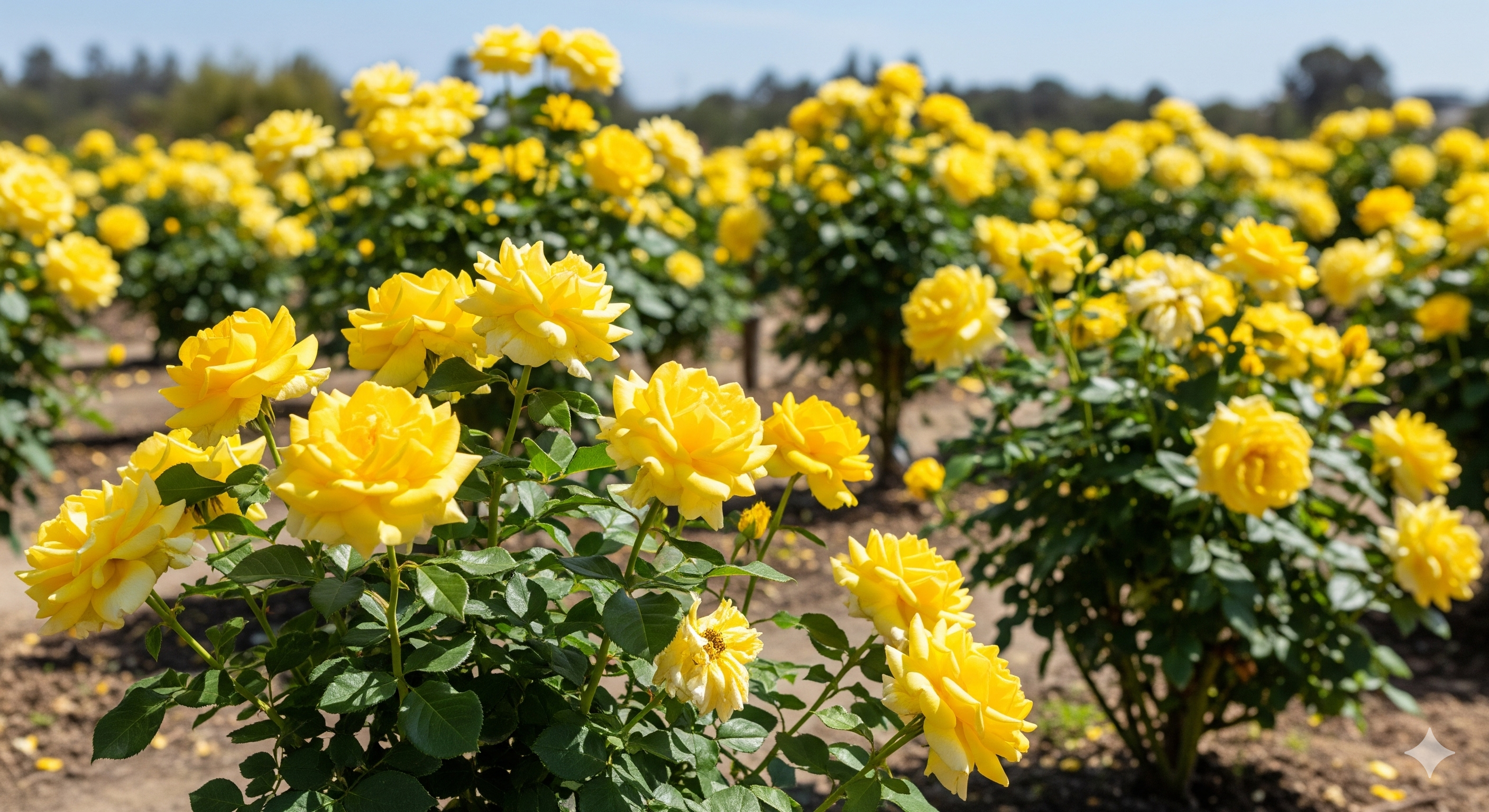 Campo com roseiras amarelas bem espaçadas, recebendo luz solar direta, ideal para crescimento saudável.