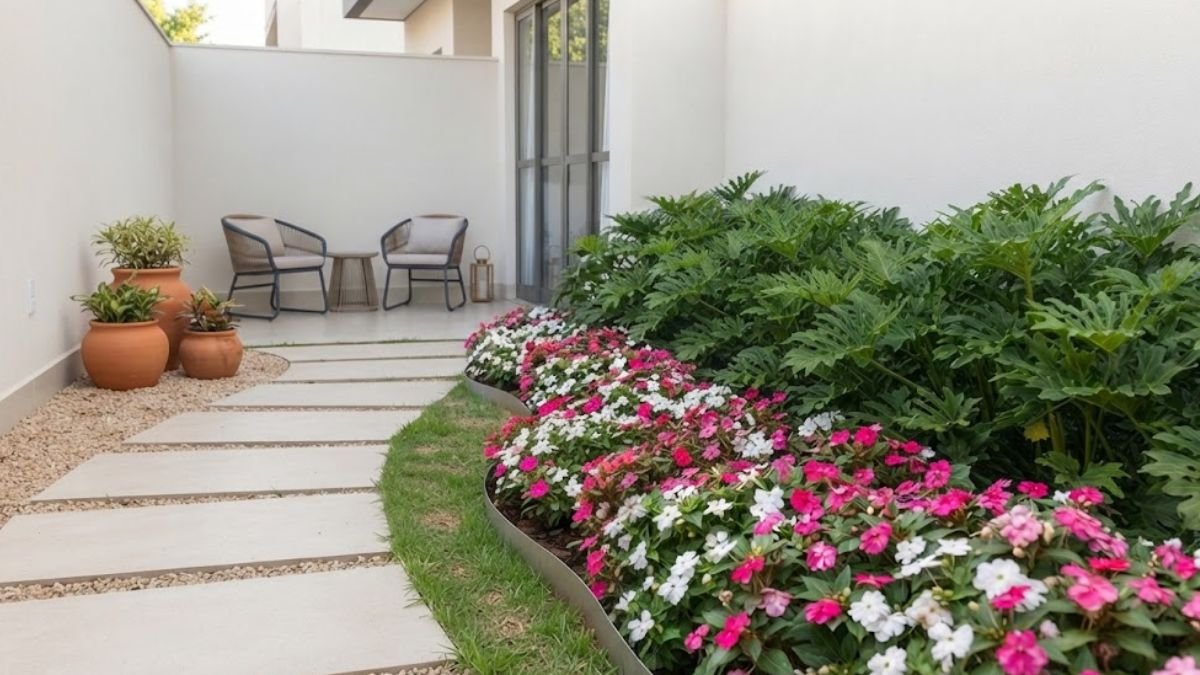 Espaços verdes em quintal urbano com canteiro florido, folhagens, vasos e caminho até uma área de descanso.
