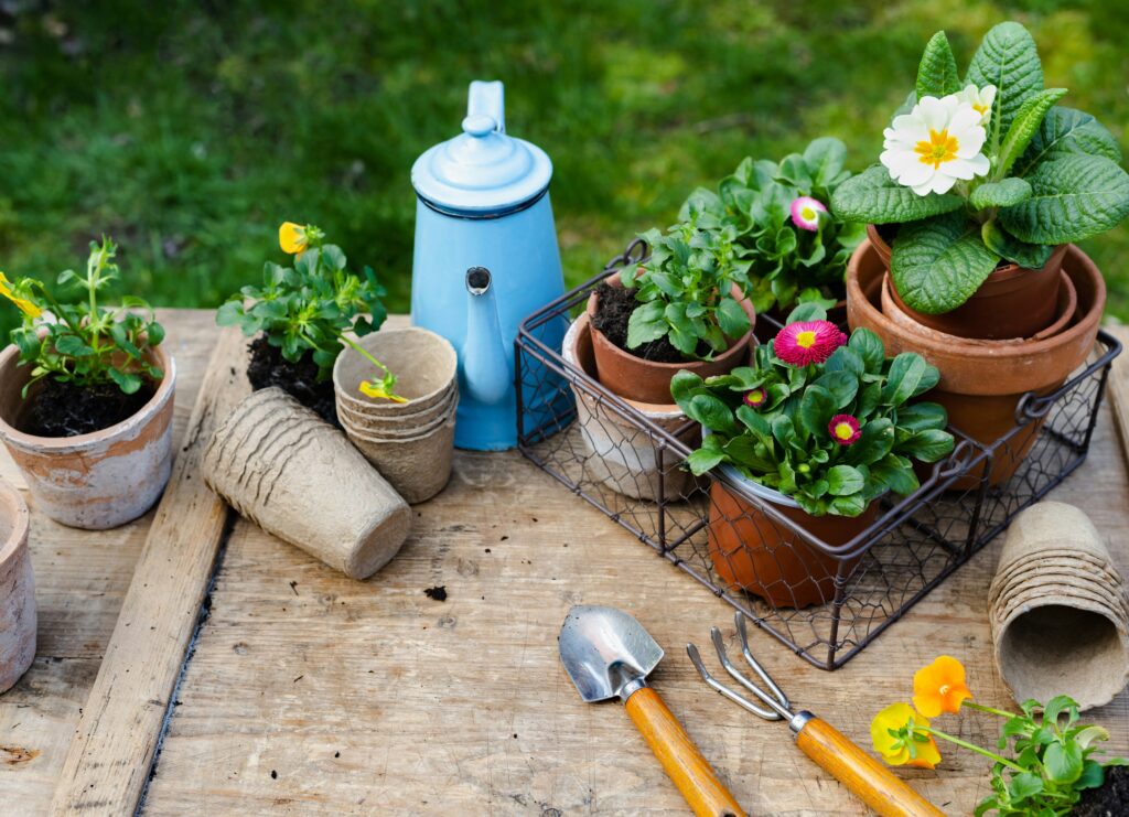 Kit básico de ferramentas e vasos para jardinagem em mesa de madeira ao ar livre