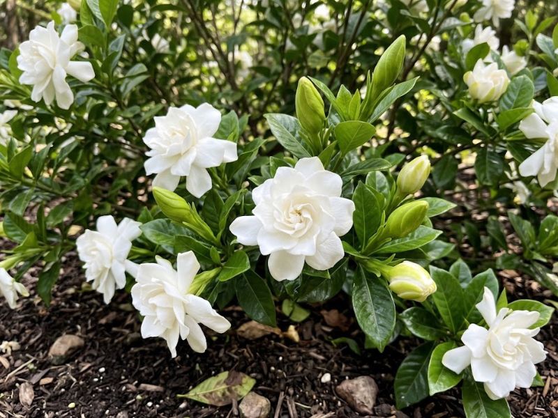 Gardênia com flores brancas perfumadas e botões