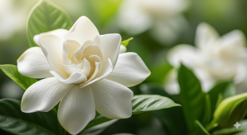 Flor de Jasmin Gardênia em destaque, com pétalas brancas e folhas verdes brilhantes