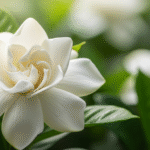 Flor de Jasmin Gardênia em destaque, com pétalas brancas e folhas verdes brilhantes