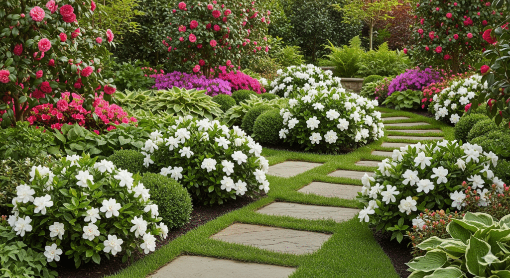 Jardim com Jasmins Gardênias em floração integradas a outras plantas ornamentais