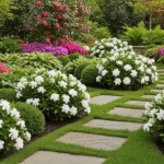 Jardim com Jasmins Gardênias em floração integradas a outras plantas ornamentais
