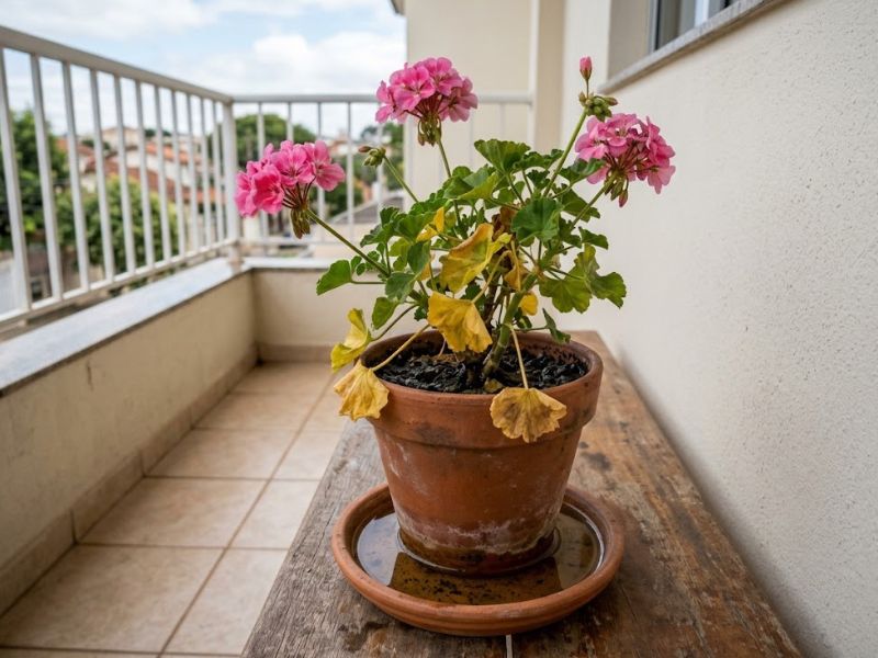 Gerânio com folhas amareladas e água acumulada no pratinho do vaso