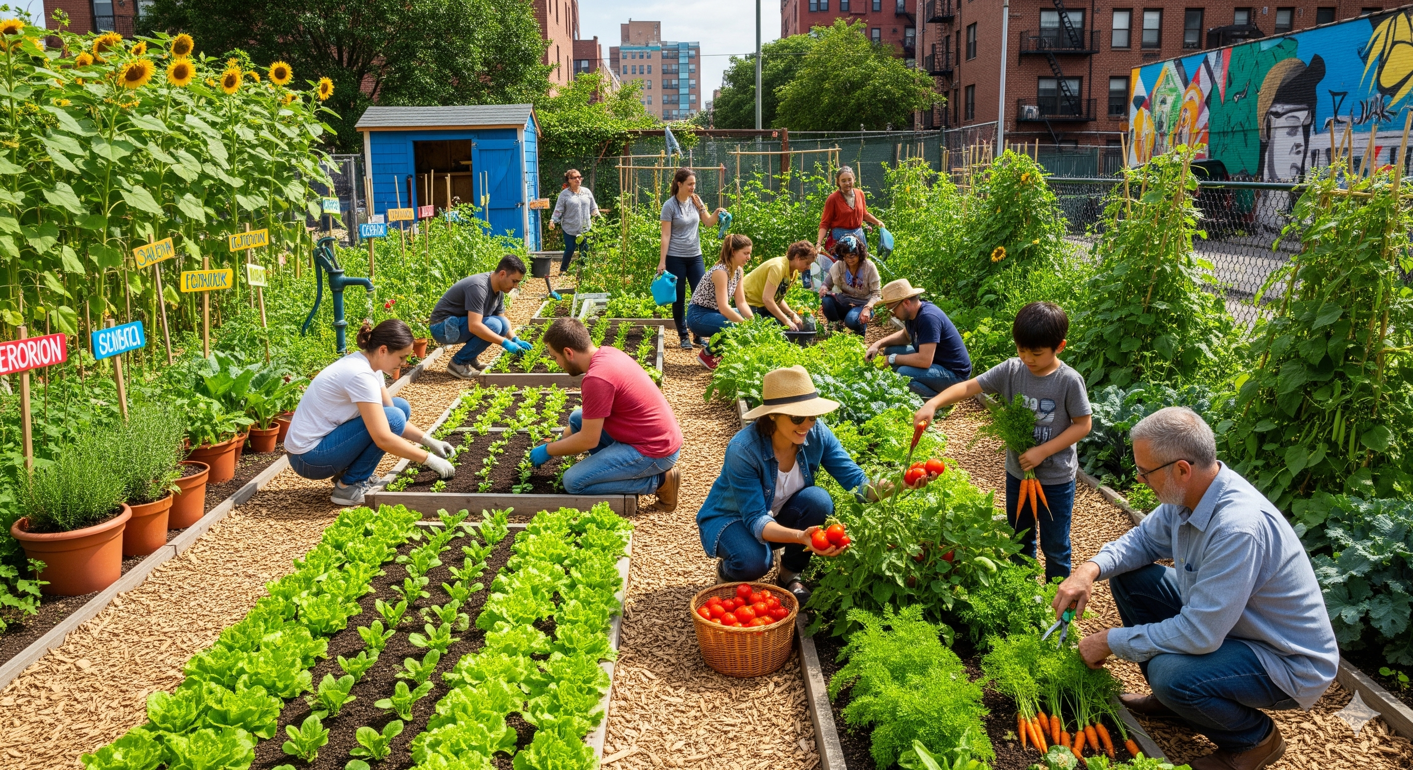 miniatura ilustrando horta comunitária com pessoas cultivando e colhendo hortaliças em canteiros organizados