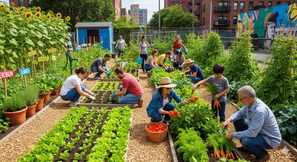 Pessoas diversas cultivando uma horta comunitária em bairro urbano, dia ensolarado