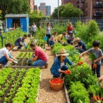 Pessoas diversas cultivando uma horta comunitária em bairro urbano, dia ensolarado