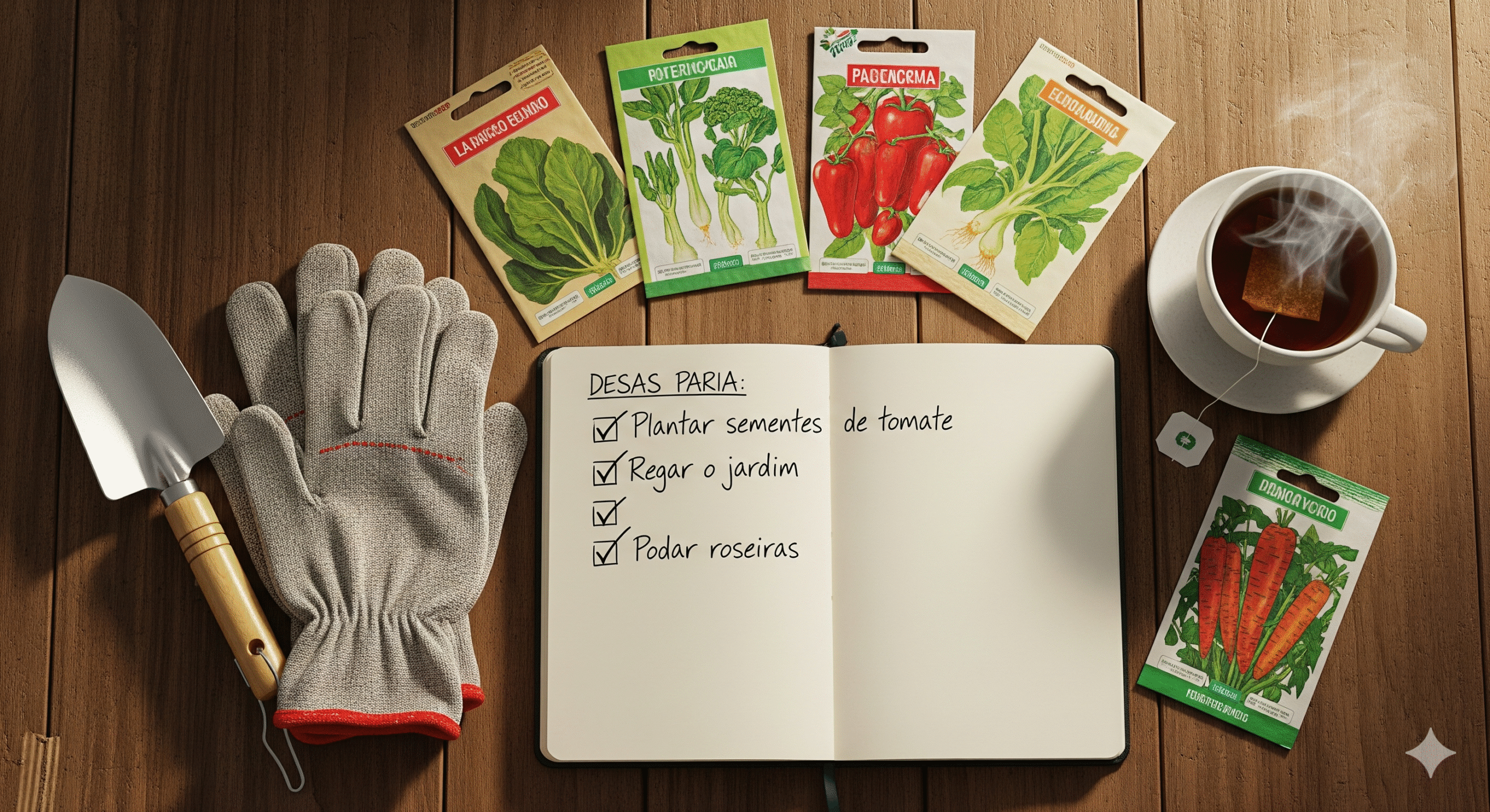 Vista superior com ferramentas, sementes e caderno de checklist