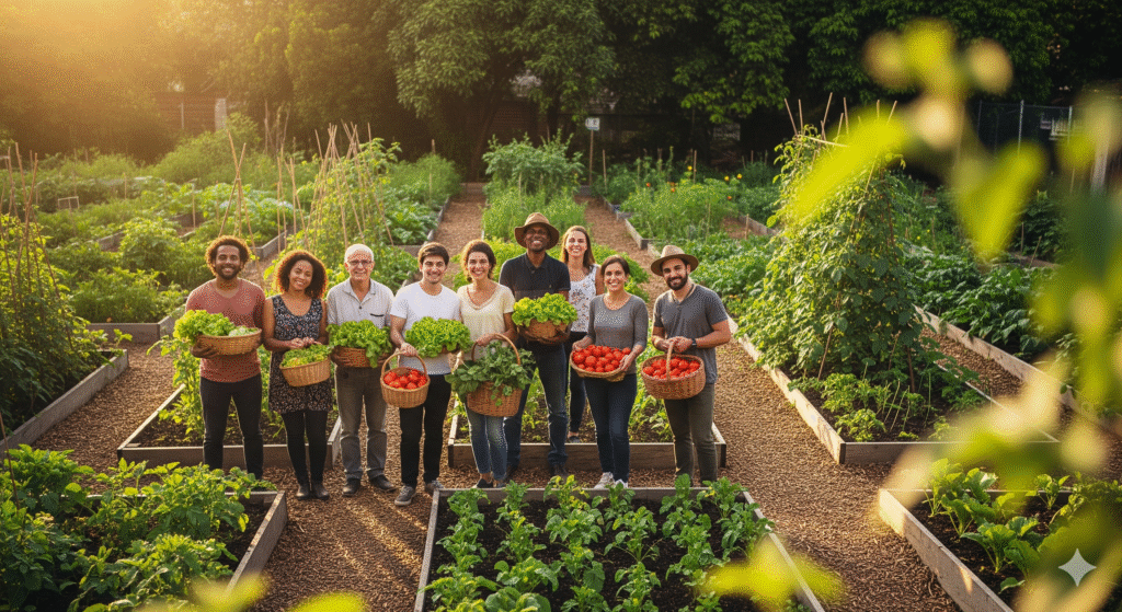 Vizinhos de diferentes idades sorrindo em horta comunitária ao pôr do sol, segurando cestas com alface, tomates e ervas, canteiros verdes ao fundo