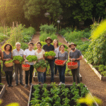 Vizinhos de diferentes idades sorrindo em horta comunitária ao pôr do sol, segurando cestas com alface, tomates e ervas, canteiros verdes ao fundo