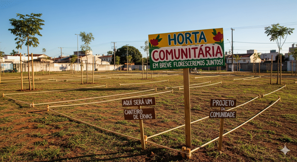 Terreno urbano ensolarado marcado para futuros canteiros