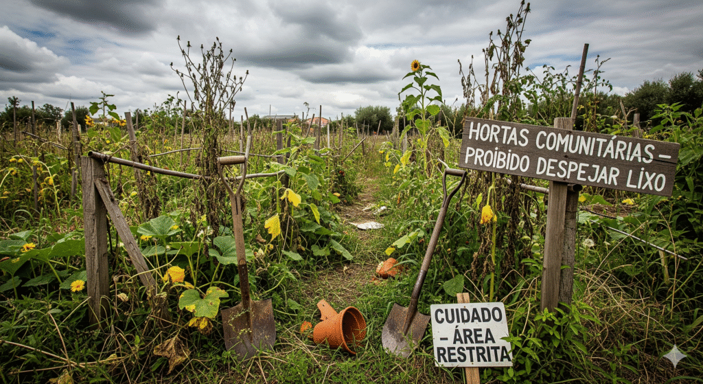 Horta comunitária abandonada com ervas daninhas
