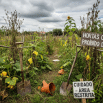 Horta comunitária abandonada com ervas daninhas