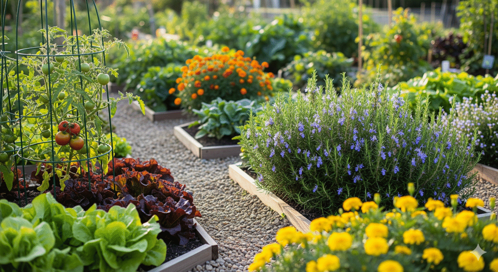Horta comunitária organizada com canteiros de legumes, ervas e flores