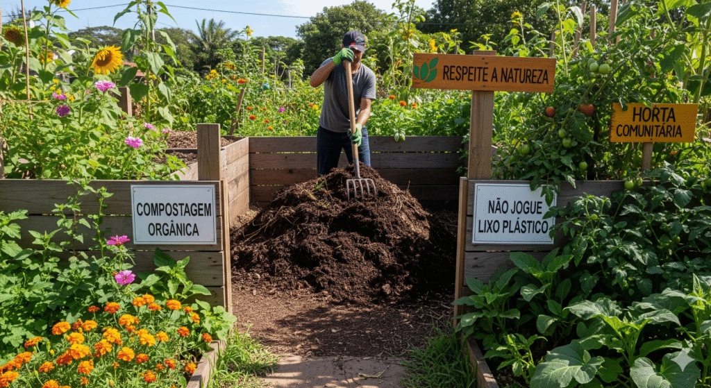 Área de compostagem ativa dentro de horta comunitária