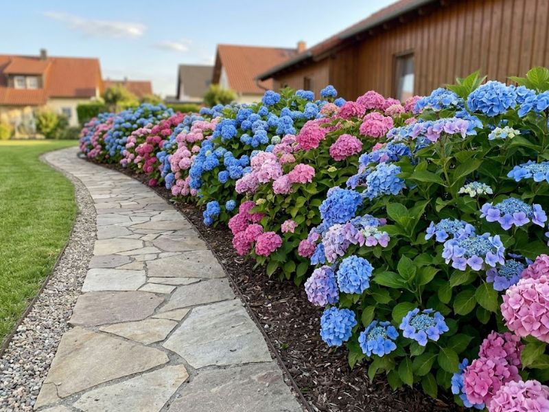 Hortênsias azuis e rosas combinadas em canteiro ao lado de um caminho
