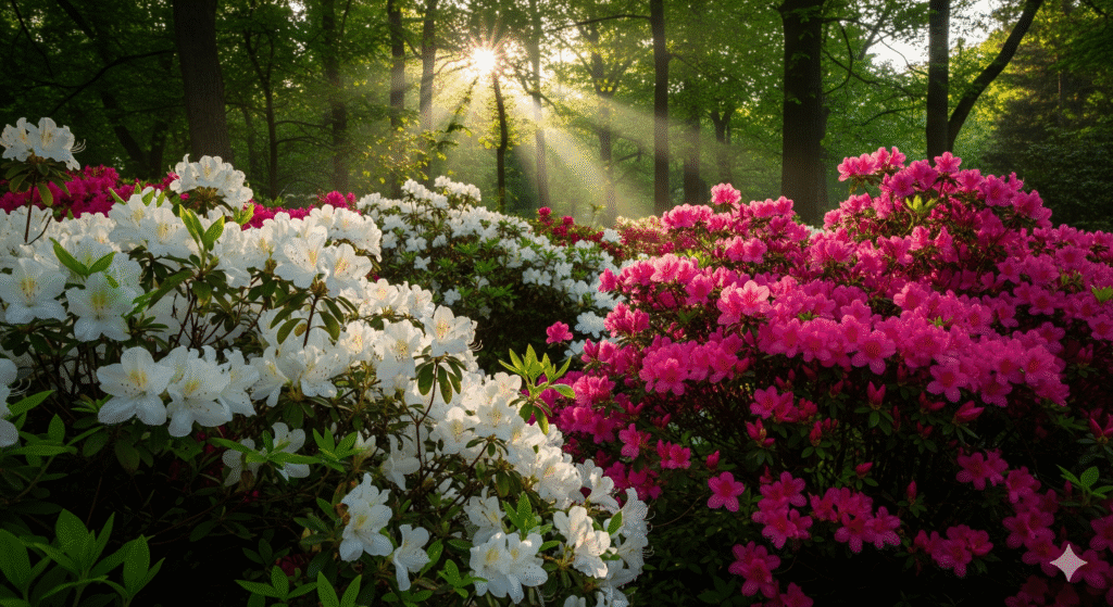 Azaleias planta recebendo luz suave da manhã em jardim sombreado