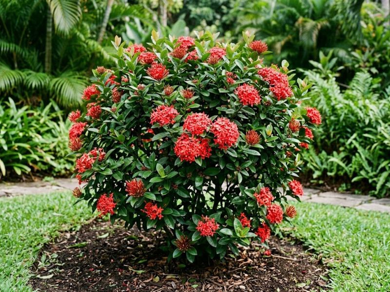 Arbusto de ixora com cachos de flores vermelhas no jardim