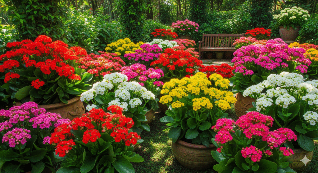 Vasos com Kalanchoe e Calandiva coloridos em um banco de madeira, decorando jardim externo