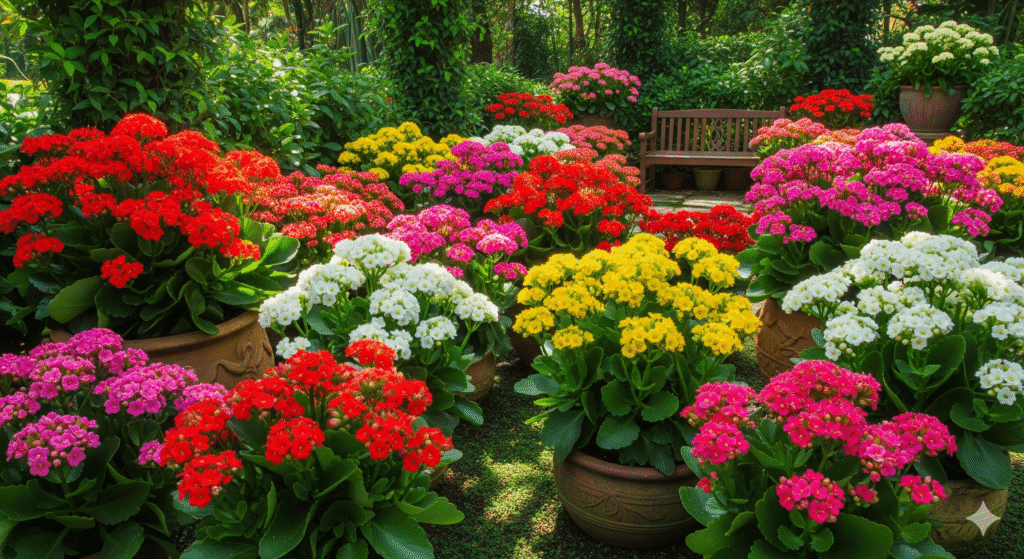 Jardim exuberante com Kalanchoe e Calandiva em cores vibrantes como vermelho, rosa, amarelo e branco, em vasos decorativos sob luz natural.