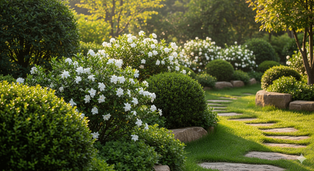 Jardim natural com Jasmins Gardênias em meio a plantas ornamentais e caminho de pedras