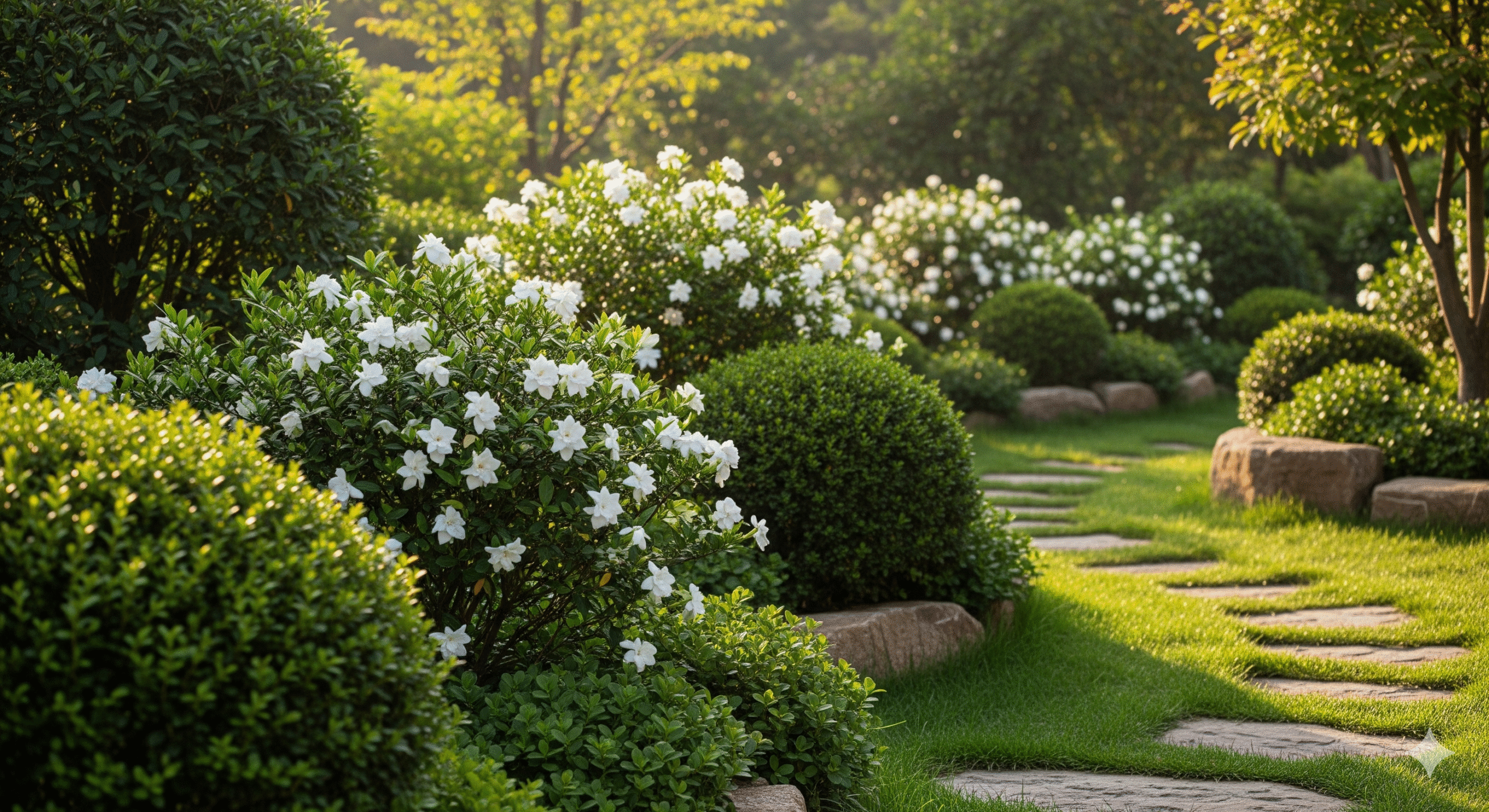 Jardim natural com Jasmins Gardênias em meio a plantas ornamentais e caminho de pedras