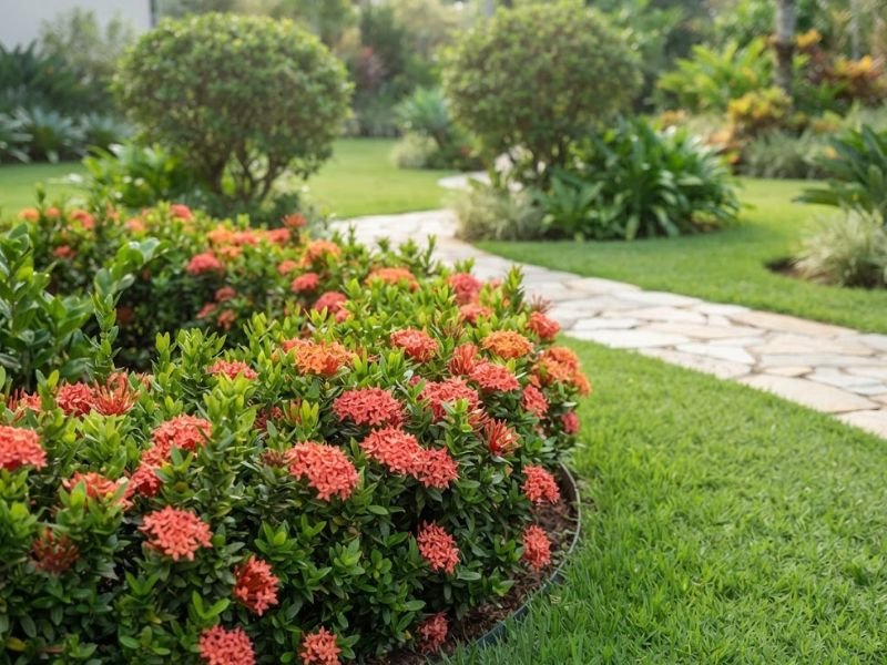 Canteiro de ixoras-anãs floridas em jardim residencial saudável e bem cuidado.