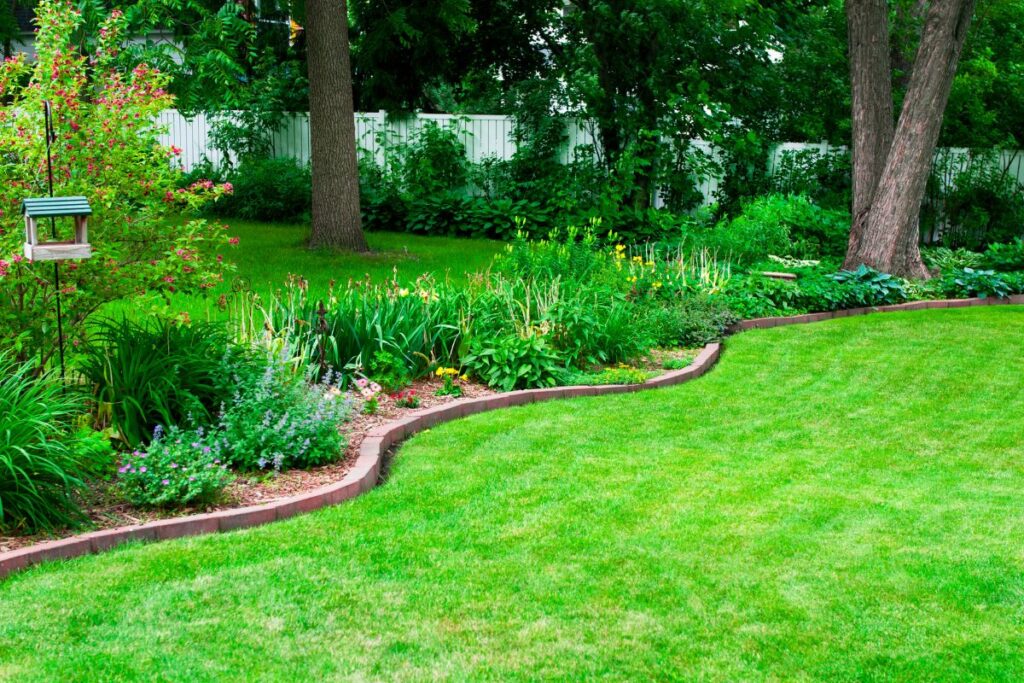 gramado bem cuidado com canteiro de flores coloridas em jardim residencial